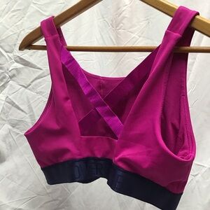 Athleta Bright Pink Sports Bra with Navy Elastic Band and Mesh Detail